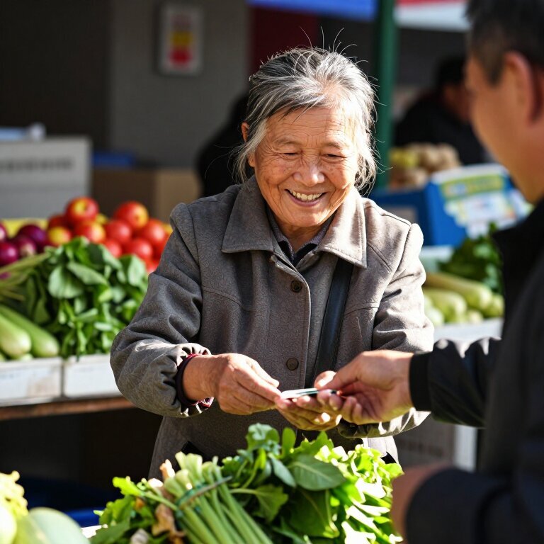 一个六十岁的女人在菜市场摊位前，笑呵呵地给老顾客找零钱，手里还塞了一把青菜不要钱，阳光打在她花白的头发上