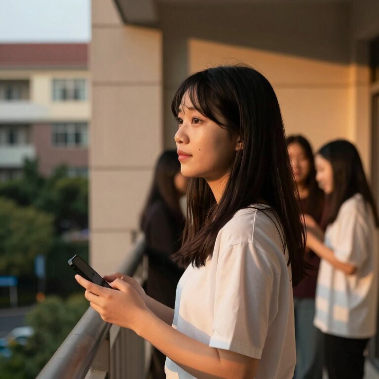 一个年轻女生站在宿舍阳台上，傍晚的橘色光线照在她侧脸上，她手里捏着手机，眼神飘向远处，身后是室友们的说笑声模糊传来