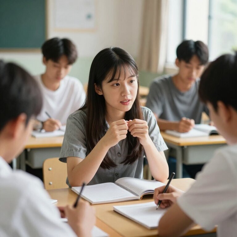大学教室里，几个学生围坐讨论，一个女生刚要开口说话，嘴唇微微张开又合上，手指在笔记本边缘来回摩擦，阳光从窗户斜照进来