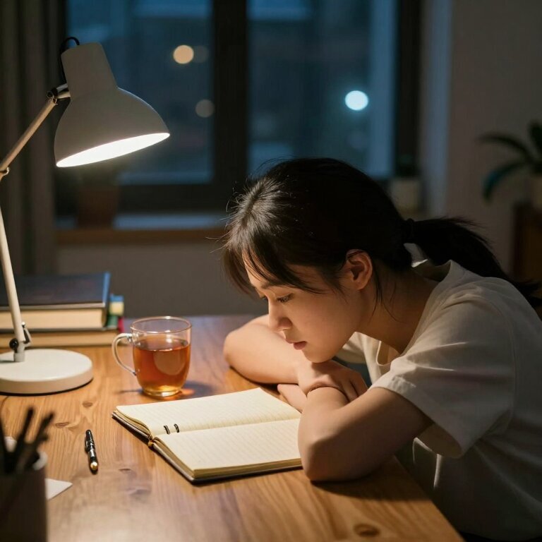 深夜台灯下，一个女生伏在书桌前，面前摊着翻旧的笔记本和半杯凉掉的茶，窗外城市灯火稀疏，她的侧脸安静而专注