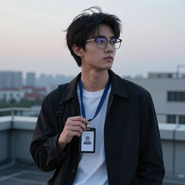 一个二十六岁的年轻男人站在城市天台上,脱了眼镜望向远方,手里攥着刚取下的工牌,傍晚的风吹乱他的头发,表情平静而坚定