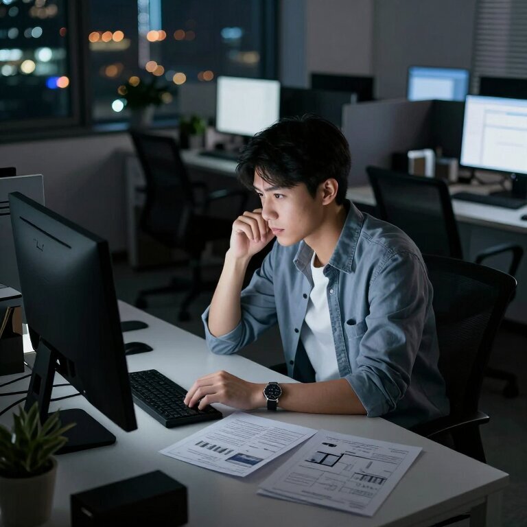 一个年轻人在深夜办公室里独自加班,桌上摊着几份方案,电脑屏幕的光映在他专注的脸上,其他工位都空着,窗外城市的灯火闪烁