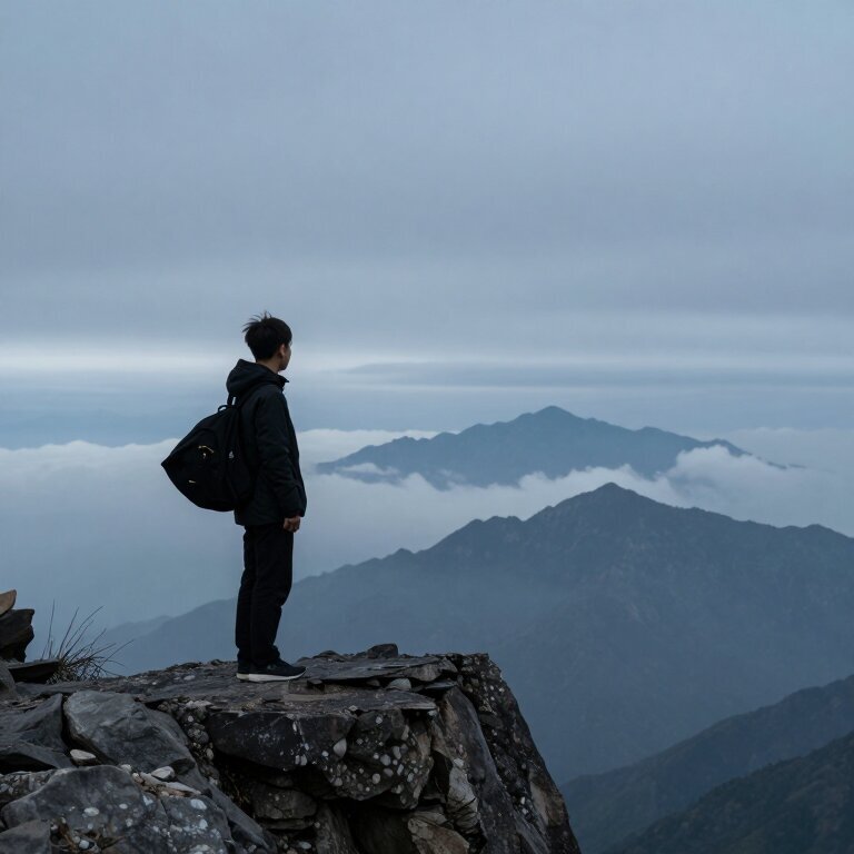 一个少年独自站在山崖边，风吹起他的衣角，远处是连绵的山脉和云海，天色微暗，像暴雨前的宁静