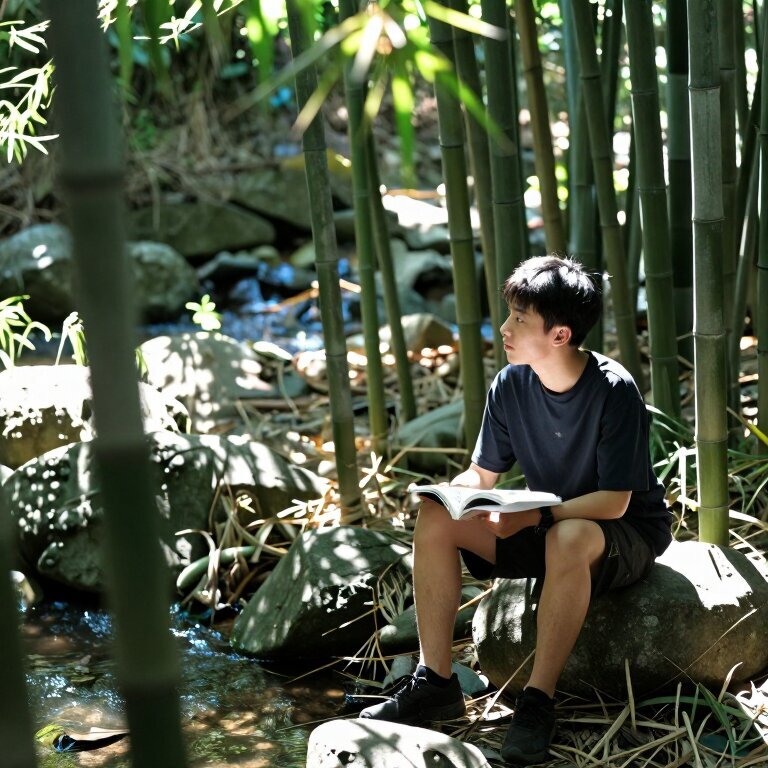 阳光穿过竹林缝隙洒下来，地面光影斑驳，一个少年坐在竹下的石头上，书本摊开但目光飘向远处，身边溪水潺潺