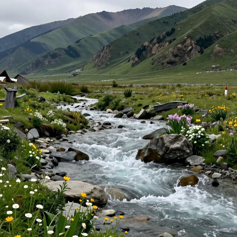 两条河流在山谷中交汇，激起白色浪花，河岸两侧开着野花，远处是青翠的山峦