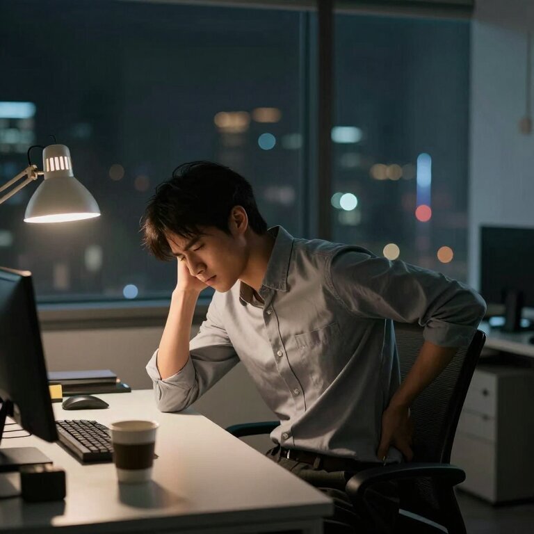 深夜空荡的办公室只剩一盏台灯，一个年轻男人独自坐在办公桌前，一只手用力按着后腰，桌上咖啡杯空了，窗外城市灯火稀疏，脸上写满疲惫和不甘