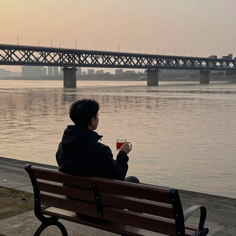 傍晚的江边，一个男人独坐在长椅上望着浑浊的江水，远处大桥车流不息，夕阳把他的背影拉得很长，手里攥着一杯热茶