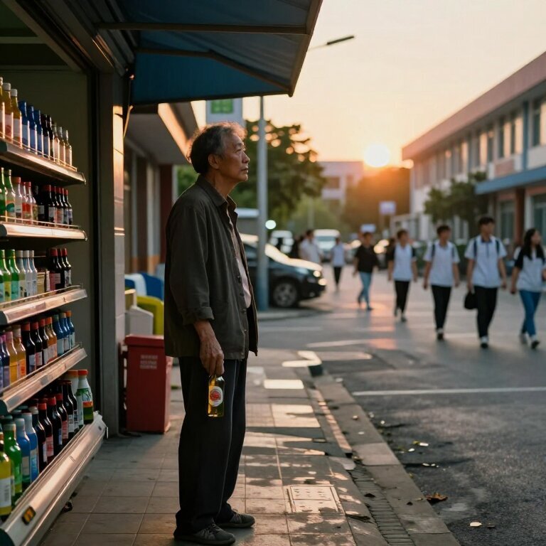 初夏傍晚的街边，老郭独自站在超市门口望着远处学校散场的学生，夕阳把他的影子拉得很长，手里捏着一瓶没开的啤酒，神情恍惚像在想什么遥远的事