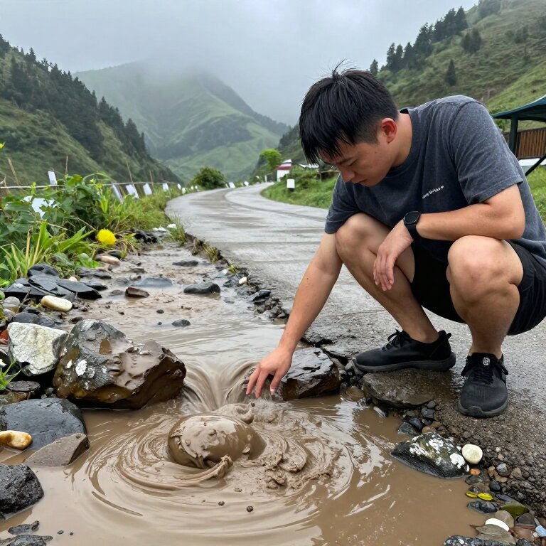 雨后的山间小路上，一个年轻男人蹲在路边看溪水流过石头，水流冲刷着泥沙形成细小的漩涡，他伸手去碰又缩回来，远处青山雾气未散