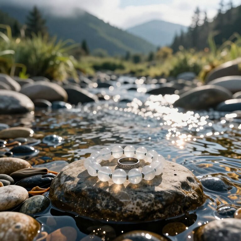 清晨的山间小溪边，清澈的水流过鹅卵石，溪边一块平整的石头上放着白水晶手链和一枚银戒指，阳光穿过树叶在水晶上折射出细碎光斑，远处青山如黛云雾缭绕