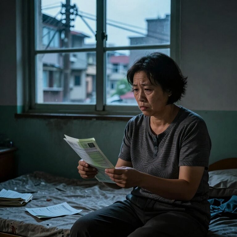 黄昏时分,一个短发中年女人坐在城中村出租屋的床边,手里捏着一沓账单,窗外是杂乱的楼间距和电线,脸上是疲惫和困惑