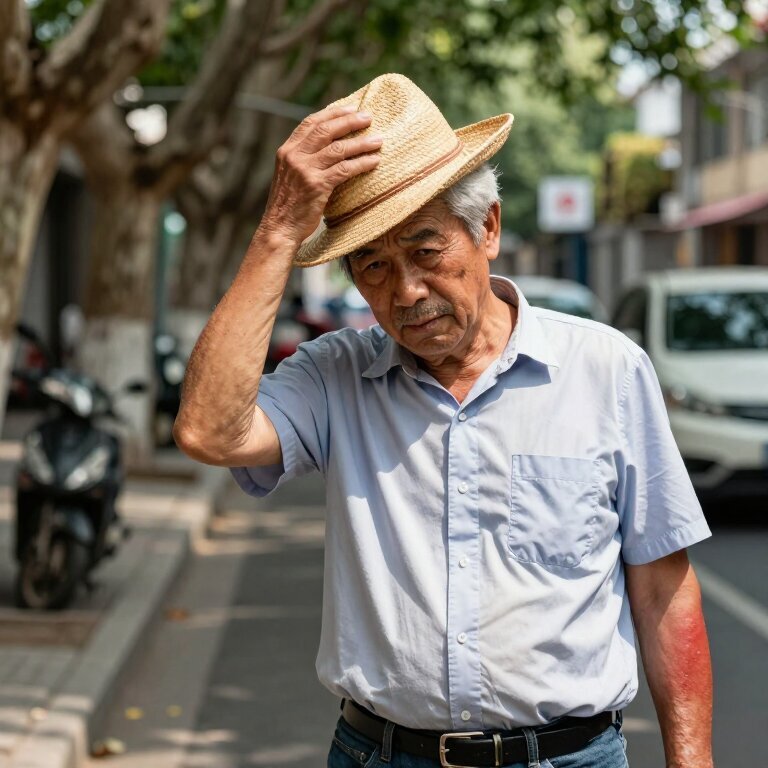 一个头发花白的男人站在夏日午后的老街上，摘下草帽擦了把汗，阳光从梧桐叶缝隙里碎碎地落在他微红的手臂上，表情平静但透着疲惫