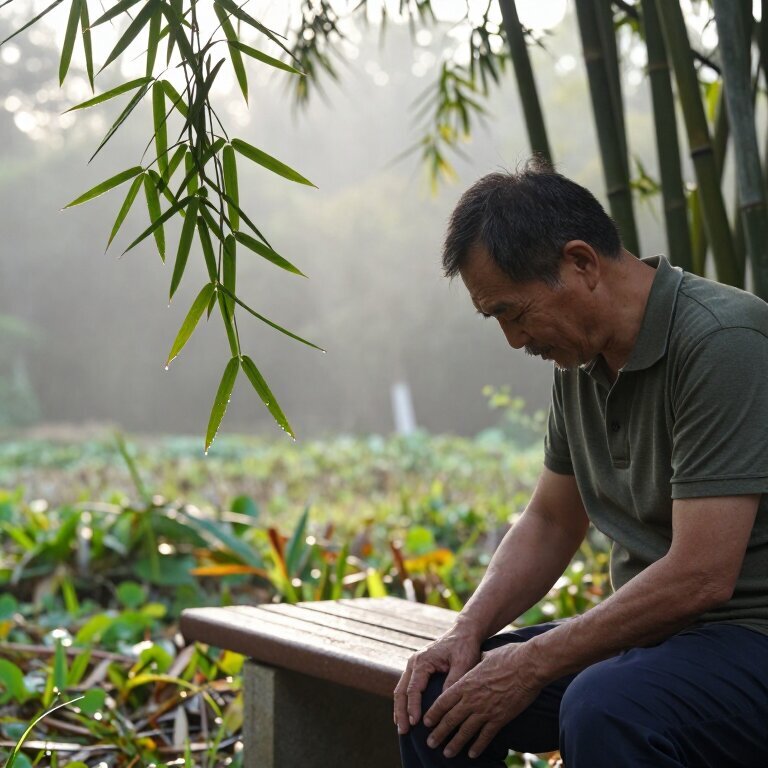 一个中年男人坐在公园长椅上，晨曦穿过竹林洒在他揉着膝盖的手上，露水挂在竹叶尖上未干，远处有山岚轻绕