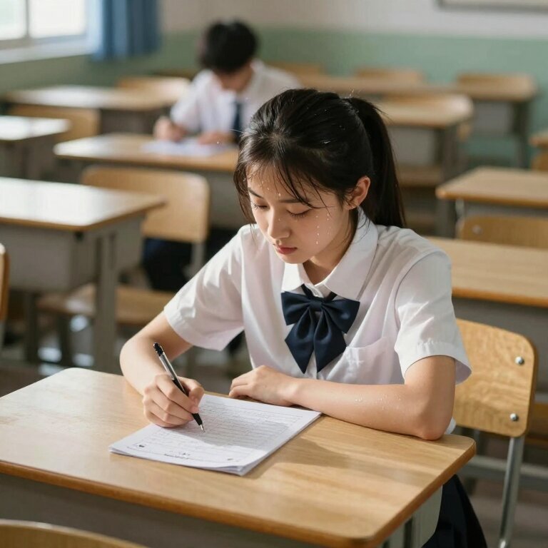 一个穿校服的高中女生独自坐在空旷考场里,阳光从窗外斜照在她的空白答题卡上,她的笔悬在半空迟迟落不下去,额头渗出细汗,身后同学的背影模糊,空气中弥漫着倒计时的压迫感