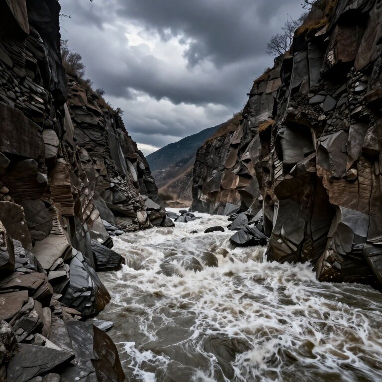 一条宽阔的江河在山谷之间奔流,但两侧是高耸陡峭的石壁紧紧夹住河道,水流湍急拍打着石壁溅起白色浪花,天空乌云低垂,远处看不到出山口,整条河流透着被压抑的力量感