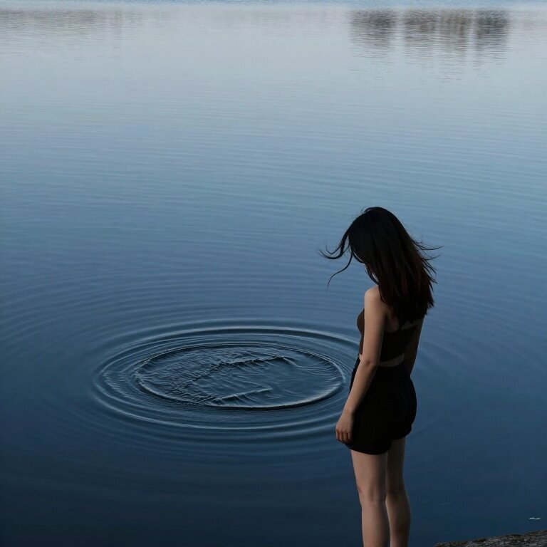 一个女孩独自站在平静的深蓝色湖边,湖面倒映着灰蒙蒙的天空,但她面前的水面有一圈圈不自然的涟漪向外扩散,像是水底有什么东西在持续搅动,女孩的身影在水面破碎又聚合,风吹乱了她的头发