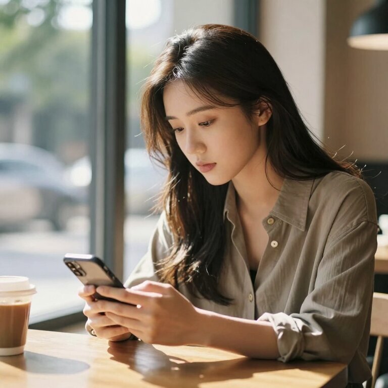 一个气质清秀的女孩独自坐在咖啡馆窗边，午后阳光斜照在她脸上，她低头看着手机，表情平静但眼神里有一丝疲惫