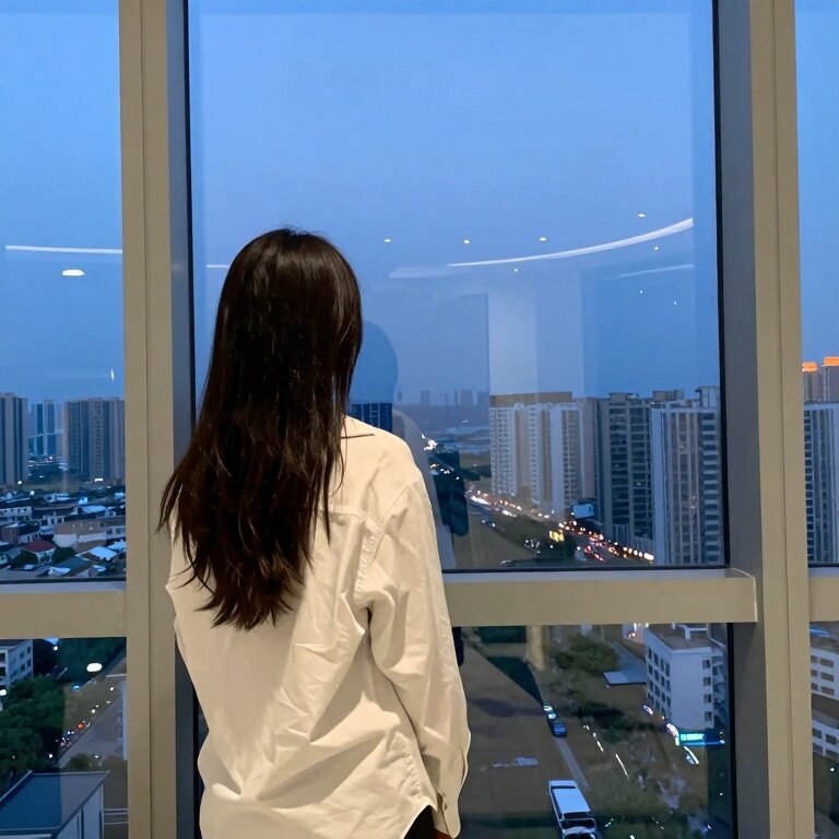 一个穿着白色衬衫的年轻女孩站在高楼落地窗前，背对着镜头，窗外是黄昏的城市天际线，她的影子映在玻璃上，轮廓清晰却孤单