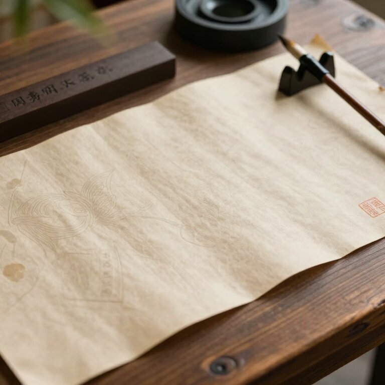 古色古香的木质桌面上铺开一张泛黄的生辰纸，旁边放着毛笔和砚台