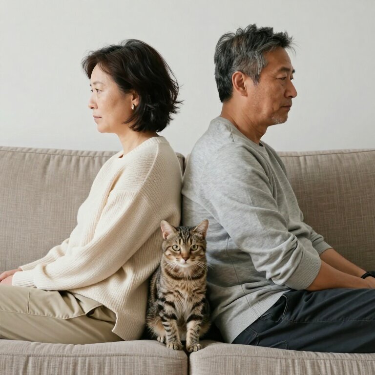 一对中年夫妻背对背坐在沙发的两端，中间隔着一只猫，两人表情冷漠