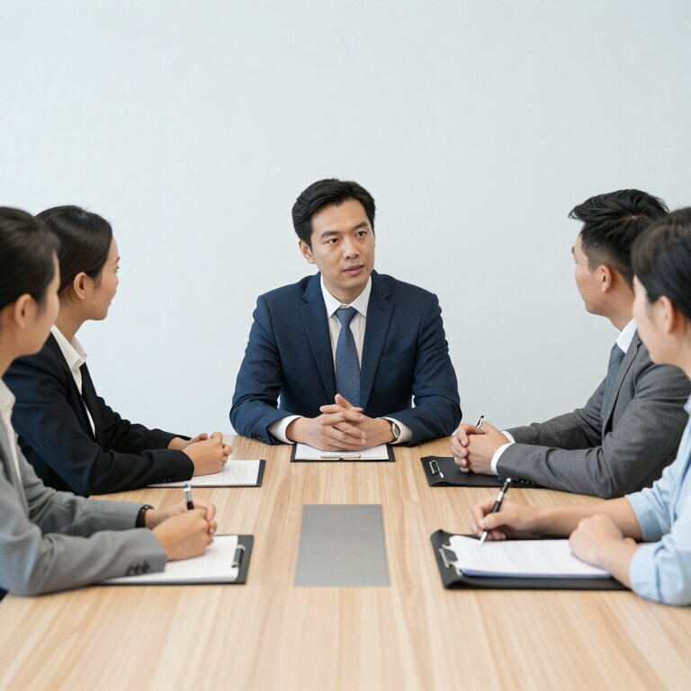 一张会议桌，四个人中只有一个人没在说话，其他人都在看着这个人
