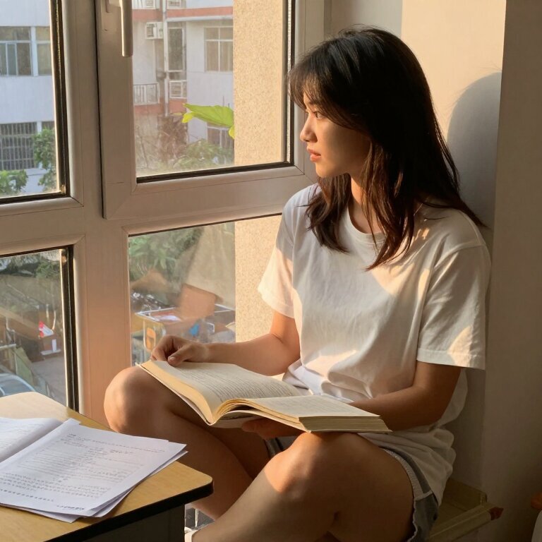一个少女盘腿坐在飘窗上，膝盖上摊着一本翻烂了的课外书，窗外的夕阳把她的侧脸染成金色，桌上学校发的试卷一个字都没写