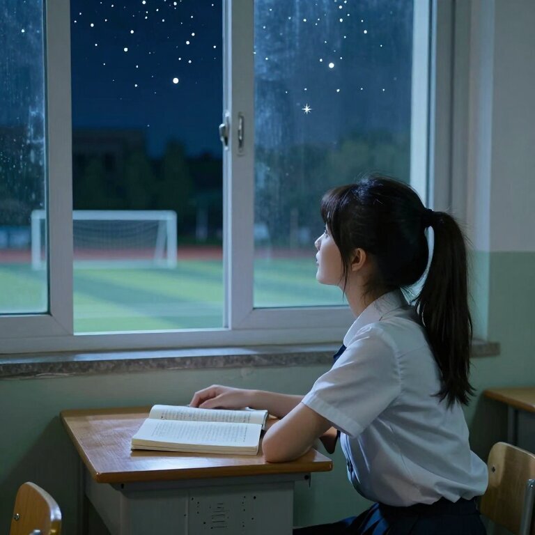 夏夜的教室里，一个扎马尾的女生独自坐在靠窗的位置，桌上摊着书本，她的目光却穿过窗户，落在远处操场上空闪烁的星星上