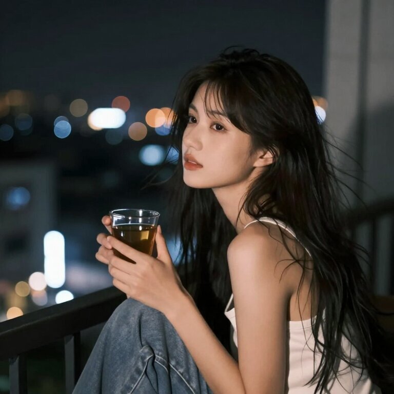 一个年轻女人独自坐在阳台上，夜风轻轻吹动她的长发，远处城市的灯火明明灭灭，她手里拿着一杯已经凉透的茶，神情像是想通了什么又像什么都没想通