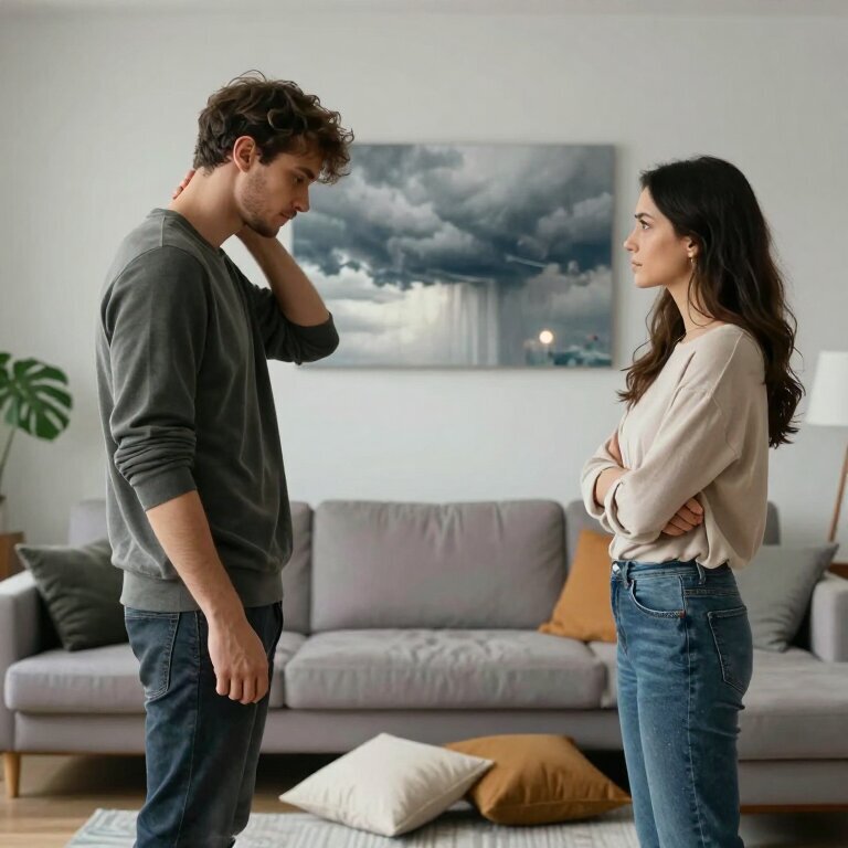 一对年轻夫妻站在客厅两端对峙，男人低头摸后颈，女人双手抱臂望着别处，中间隔着散落一地的靠垫，空气凝固得像暴风雨前的宁静