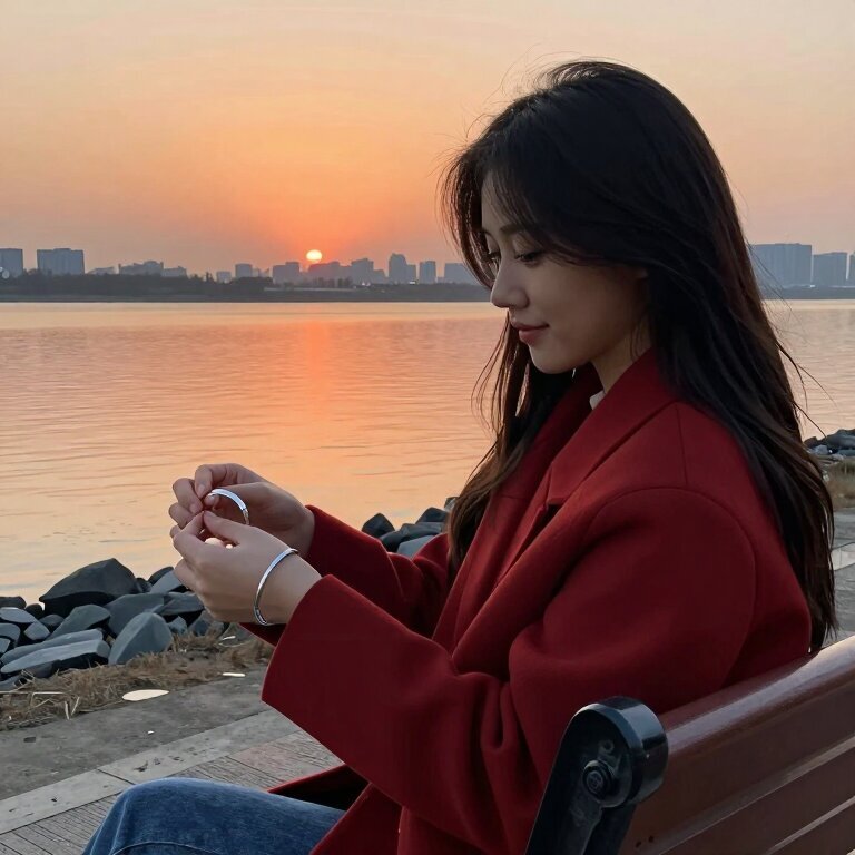 傍晚的江边，一个穿红色外套的年轻女人坐在长椅上，手里把玩着一只银手镯，夕阳把水面染成橘红色，她的嘴角微微上扬，像是第一次觉得安静也可以这么舒服