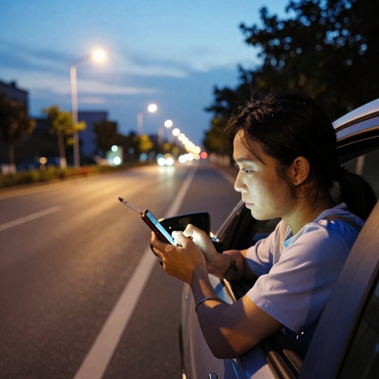 黄昏的城郊公路边，一个三十多岁的女司机靠在出租车旁，手里夹着烟看手机，路灯刚亮，远处有零星的车灯划过
