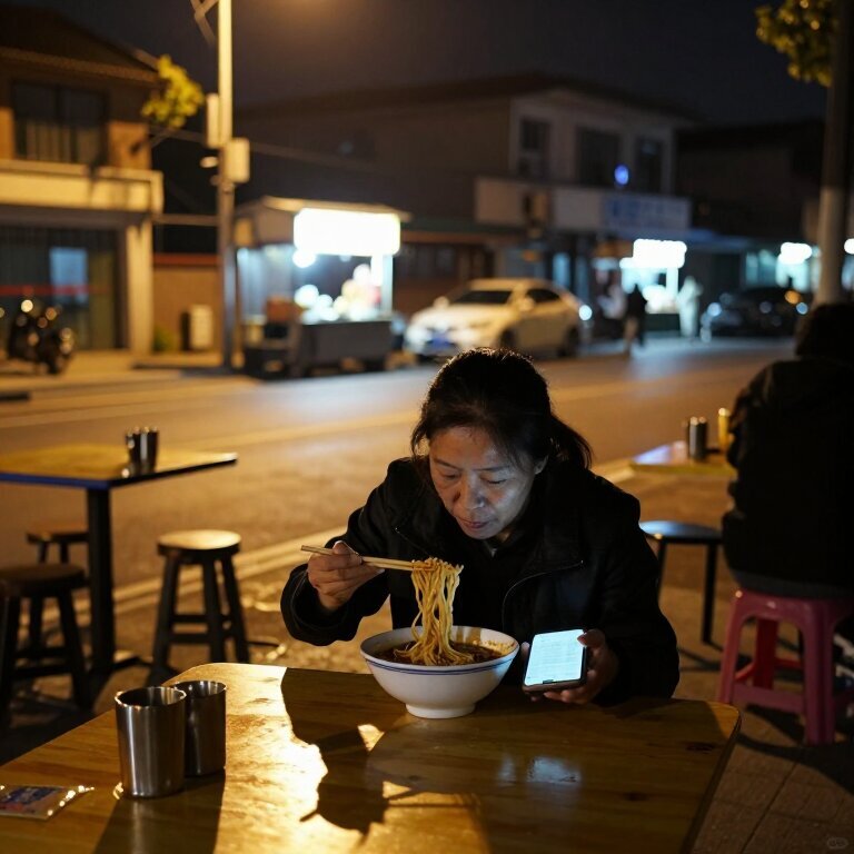 深夜路边小吃摊前，一个三十多岁的女人独自坐着吃一碗面，手机屏幕亮着显示余额数字，路灯把她的影子拉得很长，周围桌位空无一人