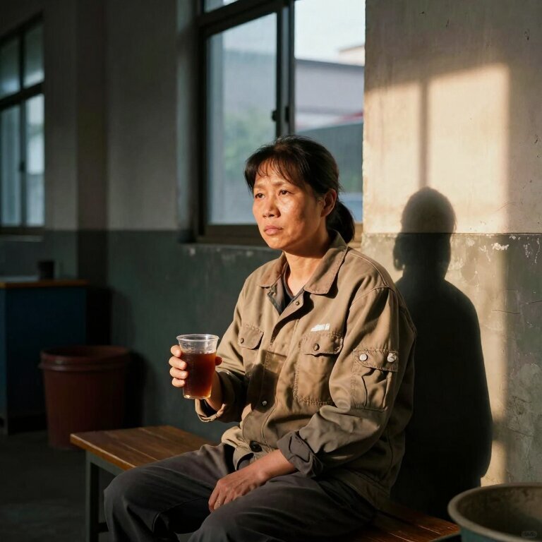 一个49岁女人坐在工厂车间长椅上,穿朴素工装,手握凉茶,窗外夕阳拉长影子,表情平静眼有无奈