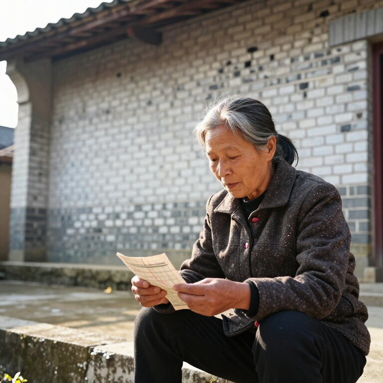 中年女人坐老家门槛上,身后刚翻修农村老宅砖墙泛白,捏皱巴巴账单,阳光从屋檐漏下照花白鬓角