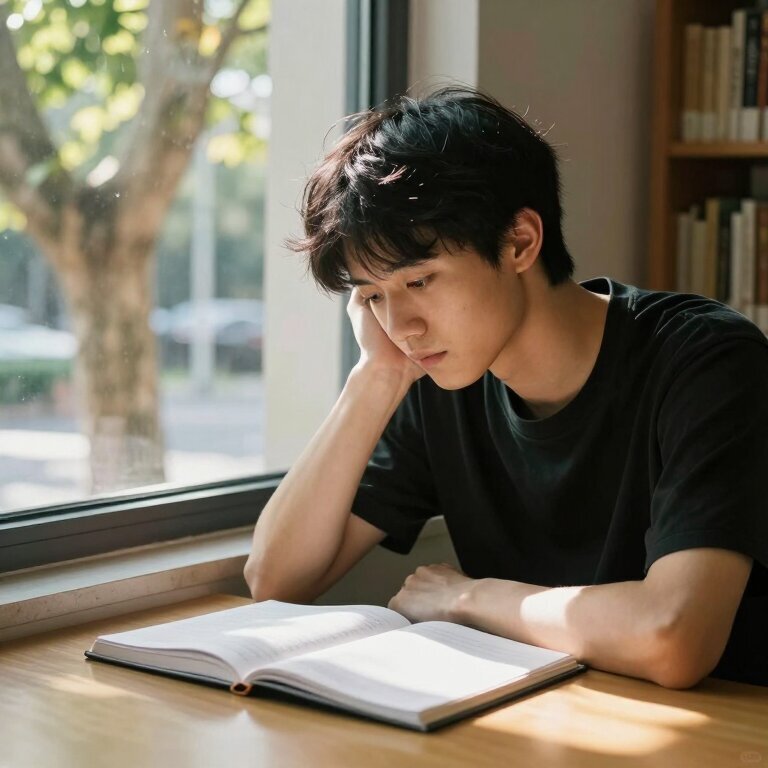 一个年轻男生坐在图书馆窗边,面前摊开笔记本,阳光穿过梧桐叶斑驳地落在他的侧脸上,神情专注却透着疲惫