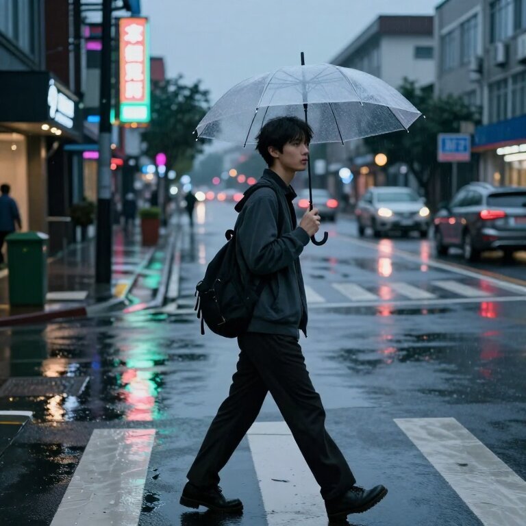 雨水打湿的黄昏街道,一个年轻人独自撑着透明雨伞走过斑马线,身后的霓虹灯倒映在水洼里微微晃动,神情平静但带一点倔强
