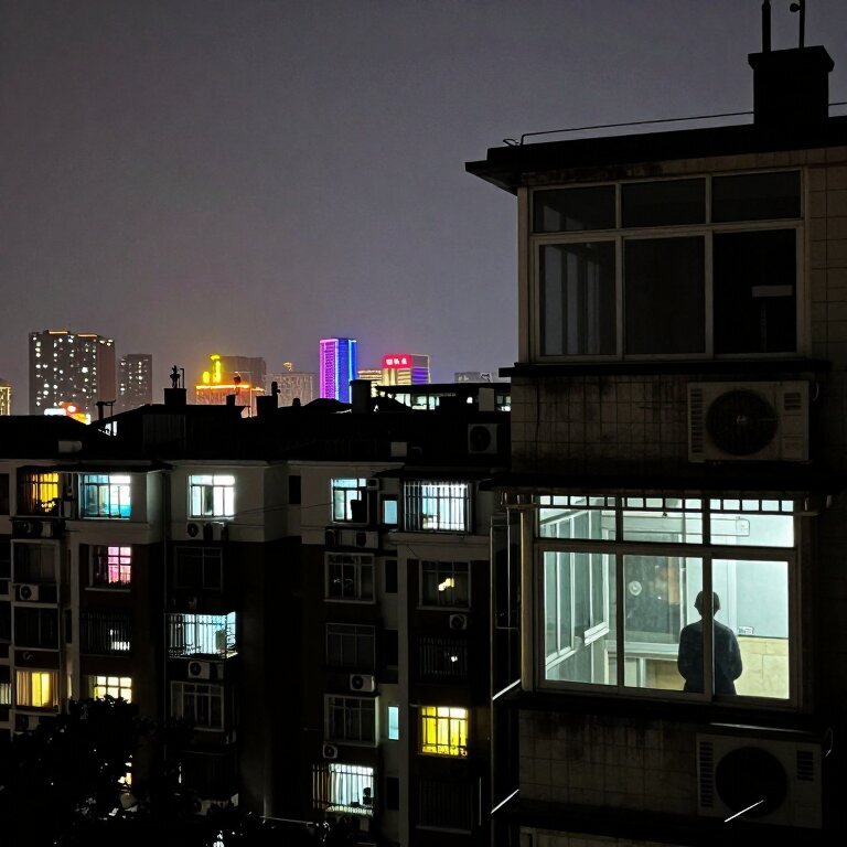 夜晚的城市远景,一个老式居民楼的窗户亮着零星灯光,远处的商业区霓虹闪烁,近处的窗口有个老人的剪影静静站着