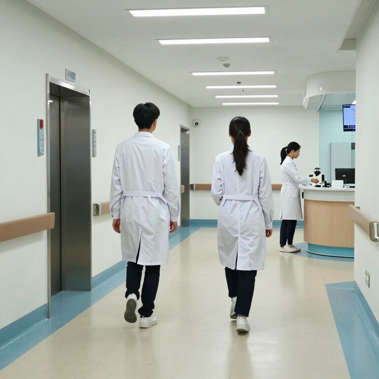 医院走廊，两个穿白大褂的年轻人背影，一个走向电梯，另一个拐进护士站，天花板日光灯把两个人的影子照成长短不一的两条