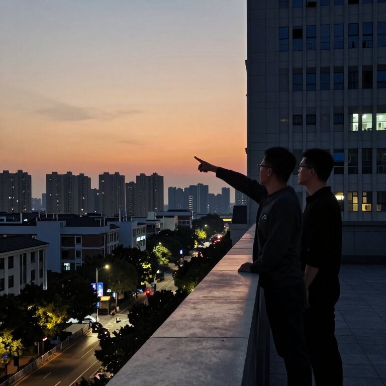 医院楼顶俯瞰，暮色中两个人站在天台边，一个指着远方的高楼，另一个低头看着楼下的人流，城市天际线在晚霞中微微发光