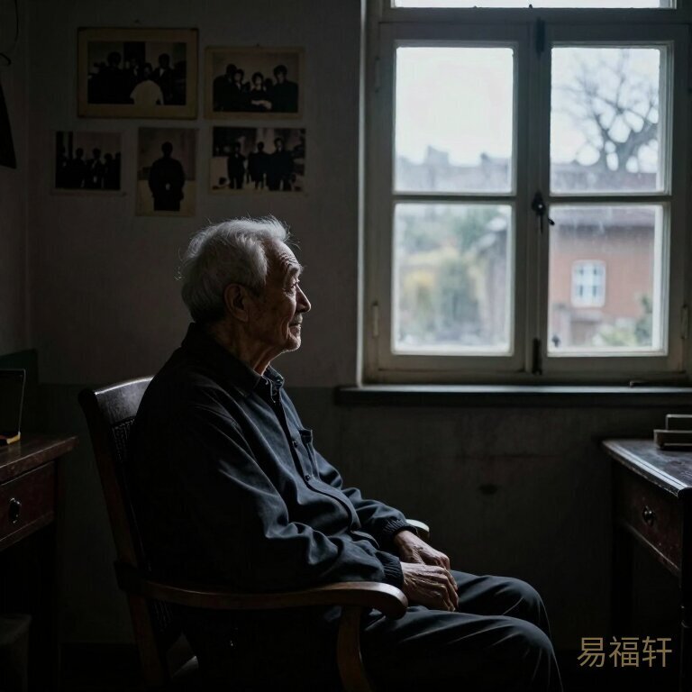 一位八旬老人独自坐在老式木椅上，窗外是灰蒙蒙的下午天色，房间光线暗淡，老人侧脸被窗光勾勒出冷硬的轮廓，身后墙上挂着泛黄的老照片