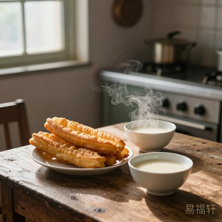 老式厨房的早晨，木桌上放着一盘油条和两碗豆浆，阳光从窗户照进来，空气中有细微的灰尘在光束里浮动，画面温暖但透着一丝苍凉