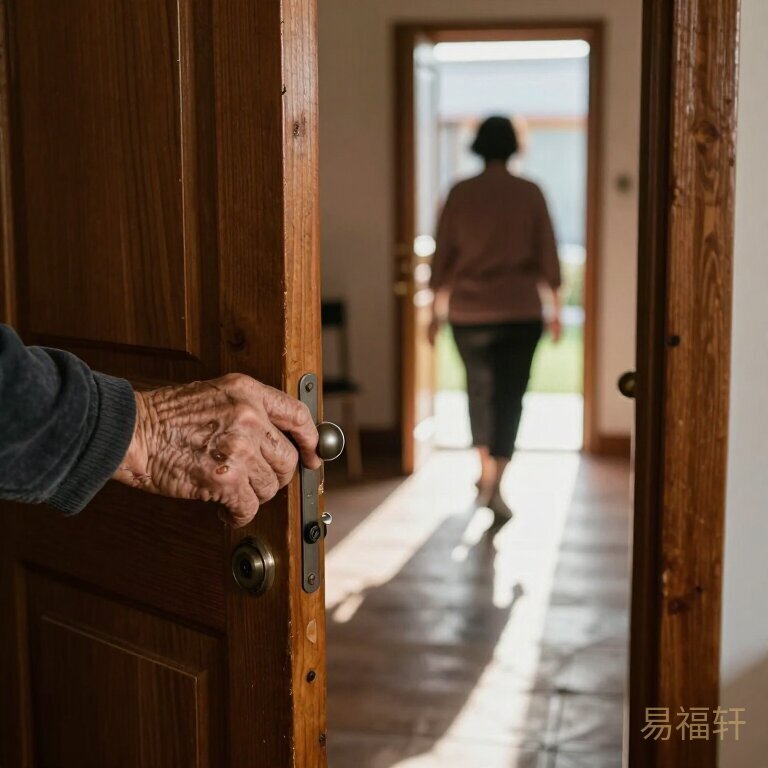 一扇半开的木门，门框的光影投射在地上，近景是一位老人粗糙的手搭在门把上，远景是一个中年女性的背影正走向门口的阳光中
