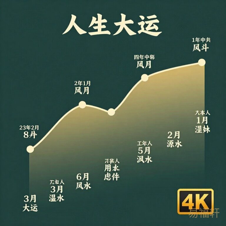 人生大运时间轴图表，曲线起伏标注关键年份，中国传统风水配色，4K