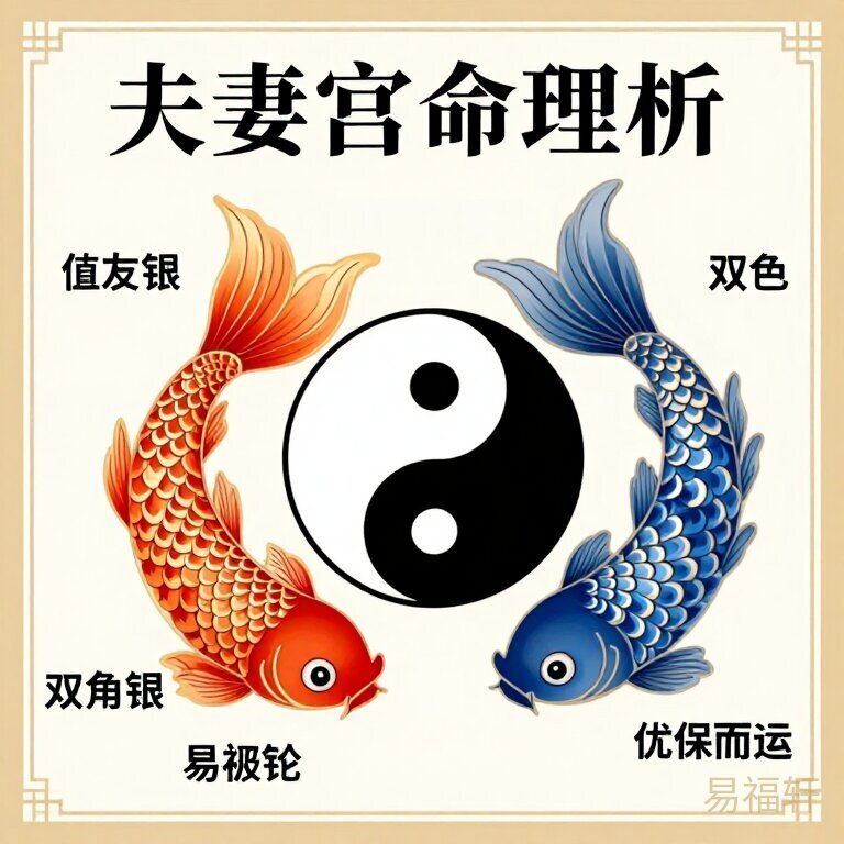 夫妻宫命理分析图解，太极阴阳双鱼配文字标注，中国风插画风格，高清