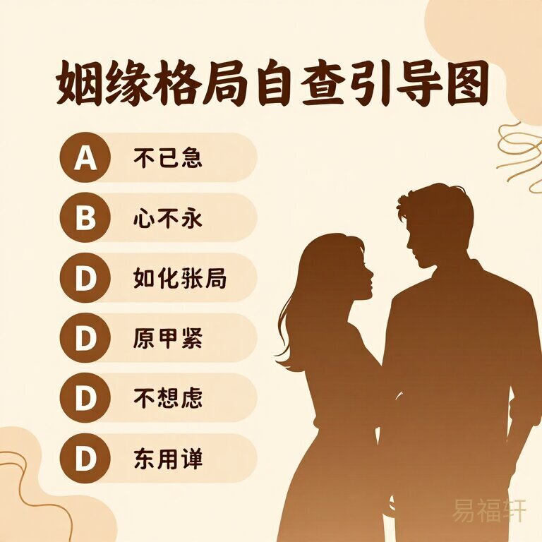 姻缘格局自查引导图，温馨暖色调，一男一女剪影配八字元素，竖版
