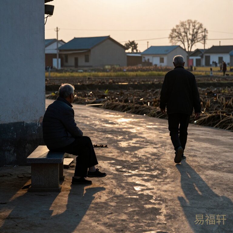 两个农村老人的背影，一位坐在村口石凳上晒太阳，另一位独自走在田埂上，夕阳将他们的影子拉得很长，画面一半暖一半凉