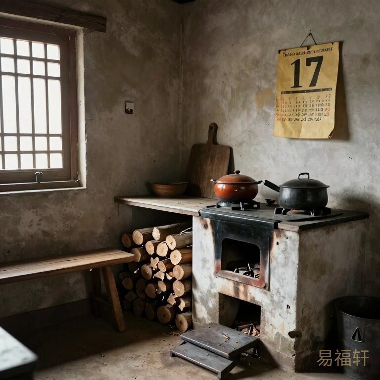 一个老式农村厨房，灶台旁堆着柴火，墙上挂着发黄的日历，阳光从木窗格子里漏进来，照在空无一人的木凳上
