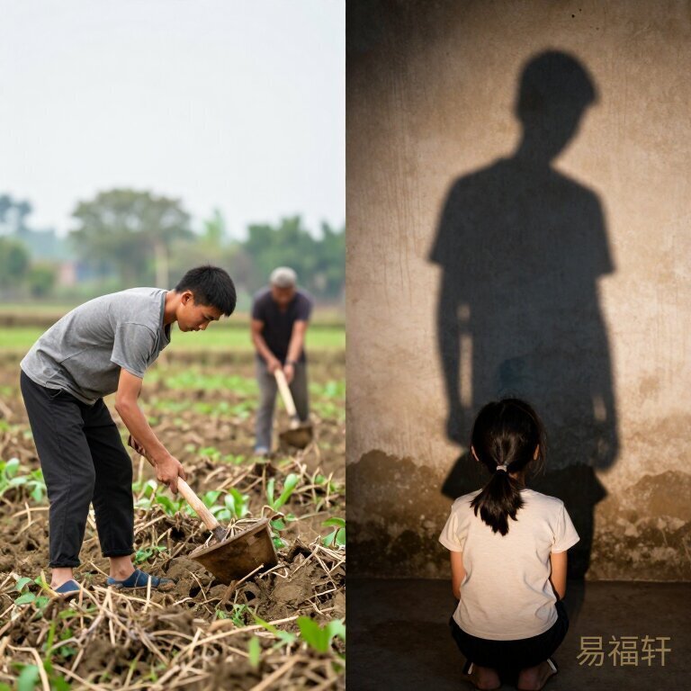两个画面左右对比：左边是一个男孩跟着一个成年男人在田里干活，画面朴实温暖；右边是一个女孩躲在母亲身后，父亲高大的影子投在墙上，画面紧张压抑