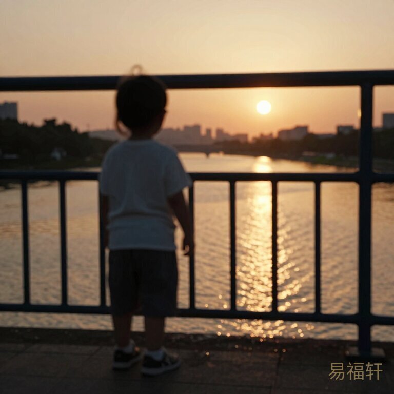 黄昏的河边，一个三岁小孩模糊的身影站在桥头，远处是河水和夕阳，整个画面笼罩在金色的暖光和淡淡的伤感中