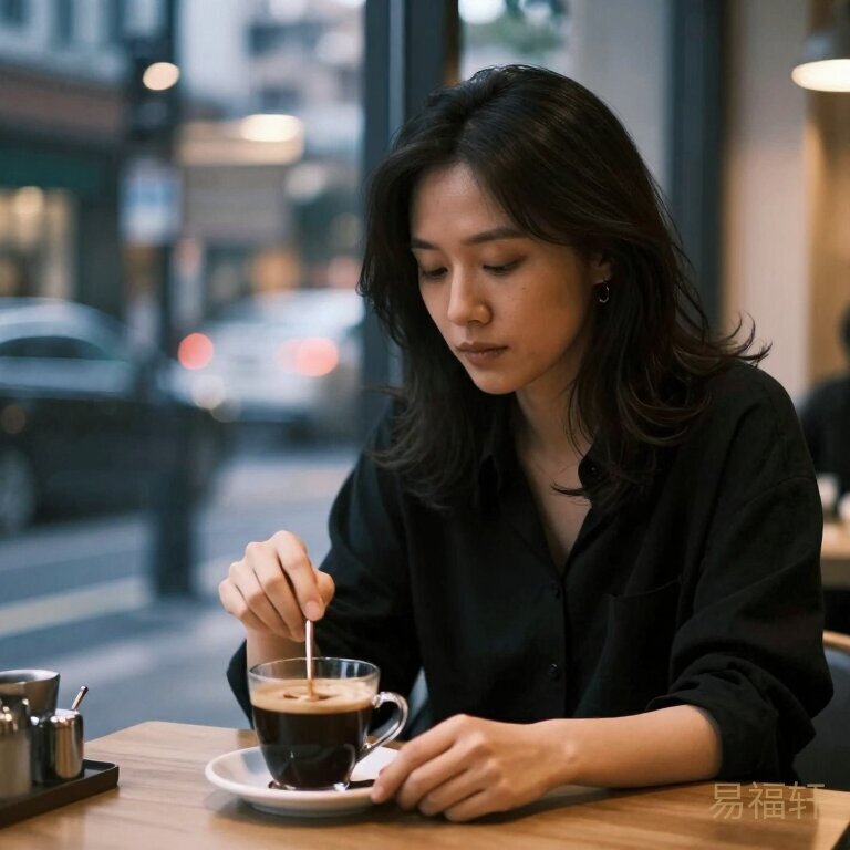 一个三十多岁的女人独自坐在咖啡馆窗边，窗外是城市夜景，灯光映在她脸上，表情淡淡的看不出情绪，手里搅着冷掉的咖啡